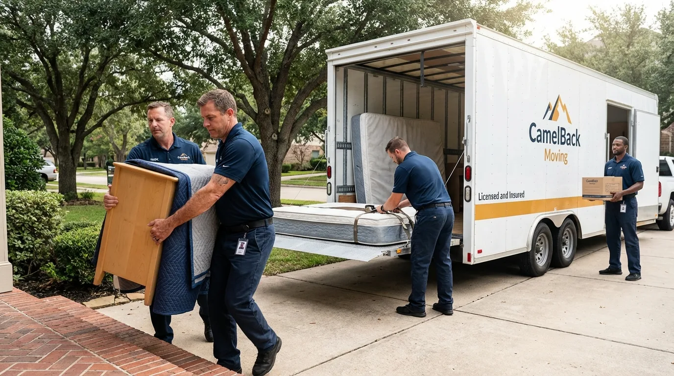 Crew loading residential truck for cross-state move from Woodsboro, TX