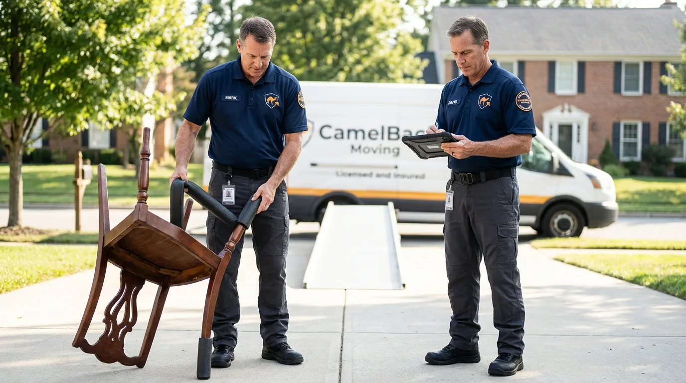 Movers inspecting furniture for damage prevention before loading in Woodsboro, TX